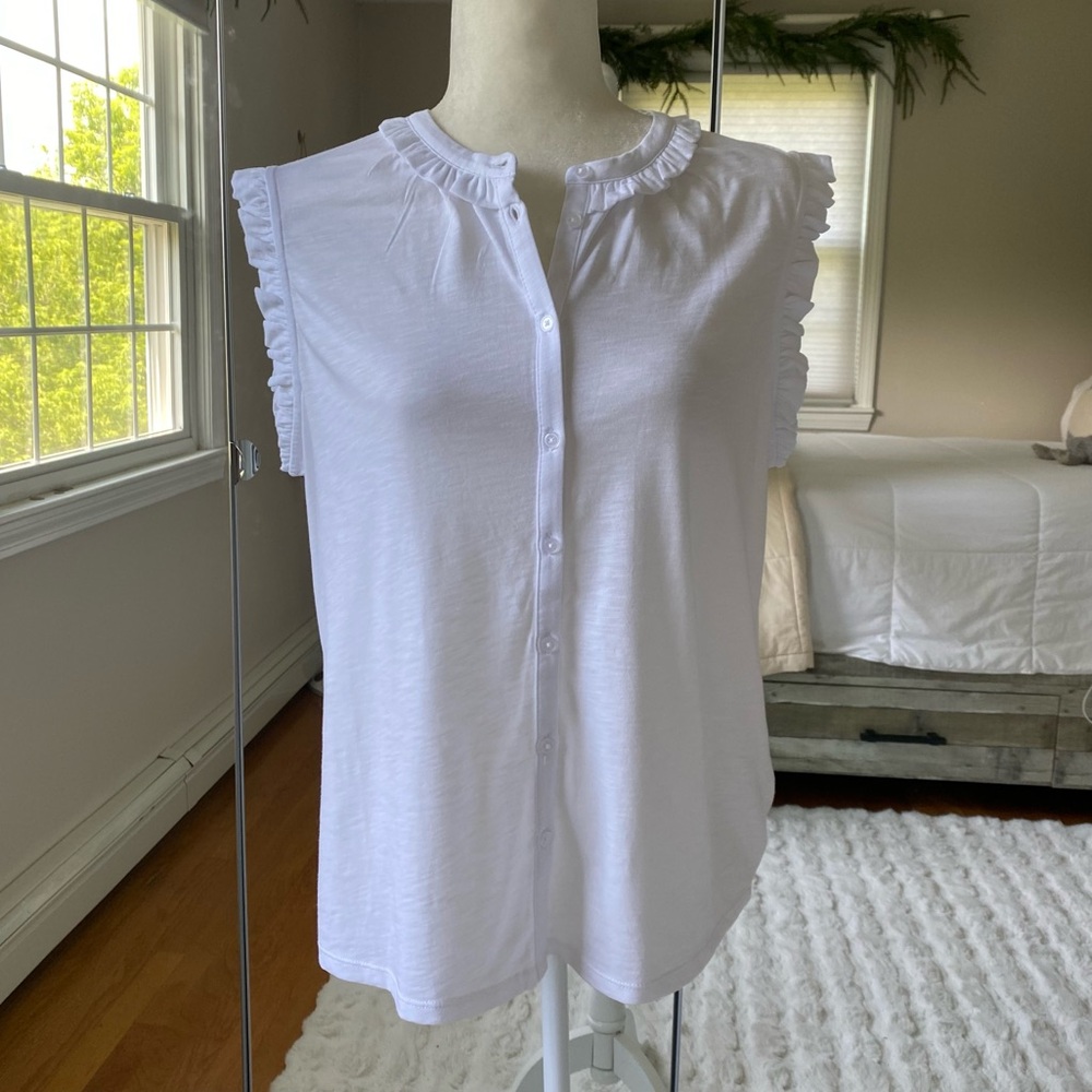 Boden Olive Sleeveless Shirt White Cotton Tencel Button Down Ruffle Trim NWT 10